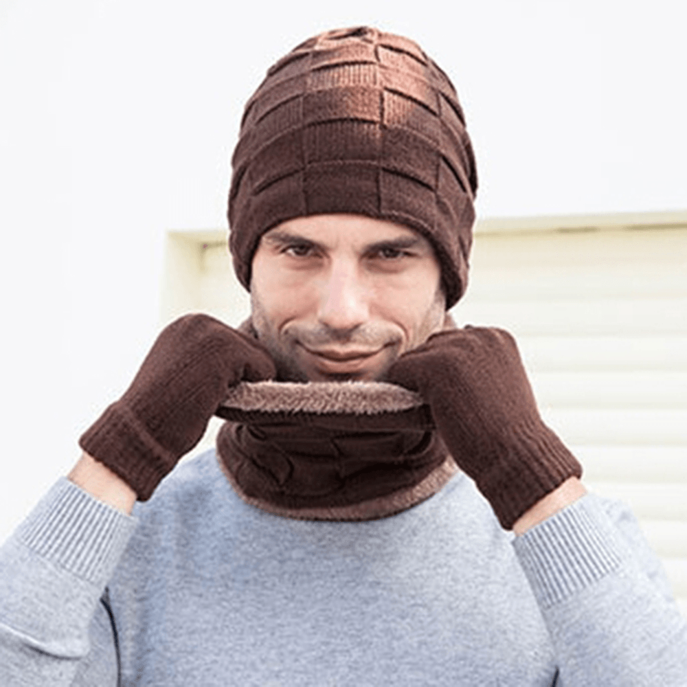 Men 3PCS plus Velvet Keep Warm Winter Neck Protection Headgear Scarf Full-Finger Gloves Knitted Hat Beanie - MRSLM