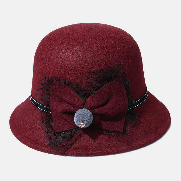 Women Winter Outdoor Cool Protection Warm Top Hat Felt Bow Decoration Lace Fedora Hat Bucket Hat - MRSLM