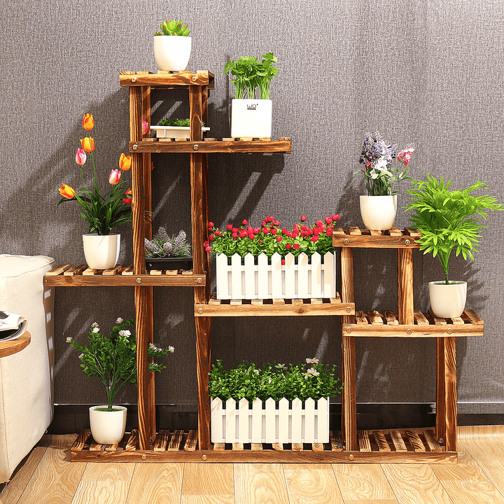 Wooden Plant Stand Windmill-Shape Flower Pots Organizer Shelf Display Rack Holder Bookshelf for Indoor Outdoor Patio Garden Corner Balcony Living Room - MRSLM