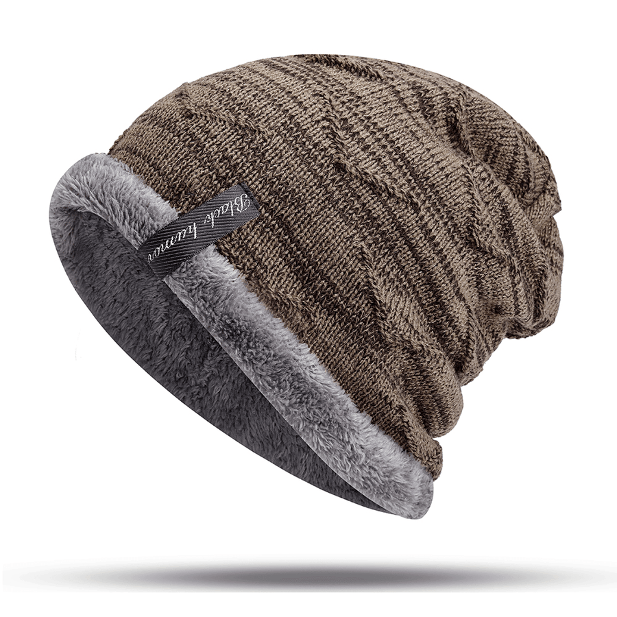 Mens plus Velvet Knitted Stripe Beanie Hats Outdoor Winter Warm Skullcap Beanie - MRSLM