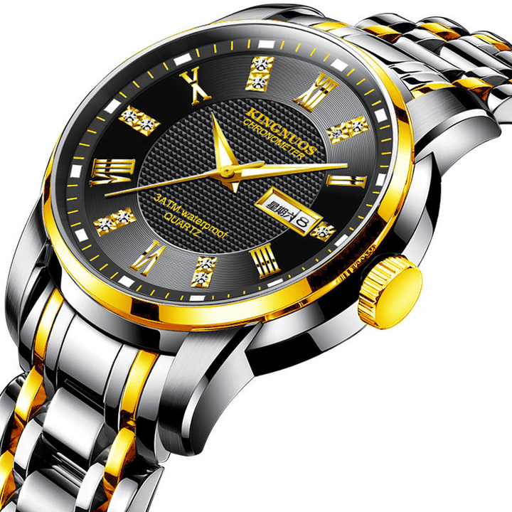 KINGNUOS K-1683 Fashion Men Watch Date Week Display Stainless Steel Strap Business Quartz Watch - MRSLM