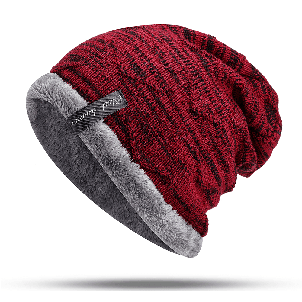 Mens plus Velvet Knitted Stripe Beanie Hats Outdoor Winter Warm Skullcap Beanie - MRSLM