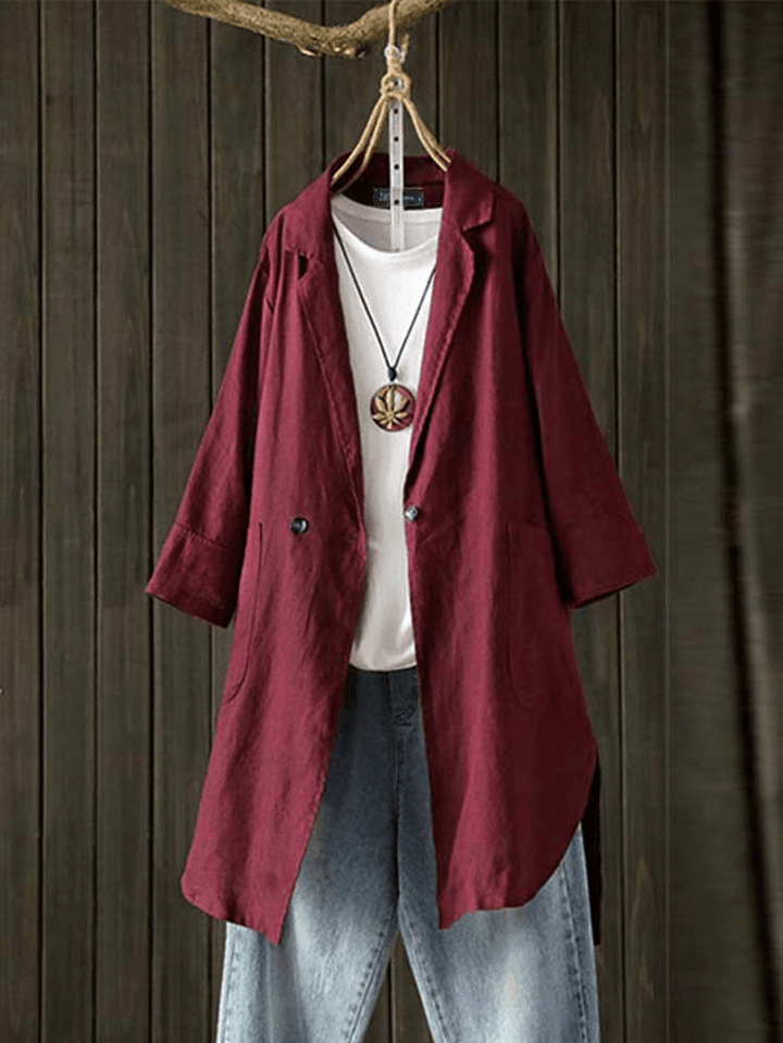 Women Pure Color Cotton Buttons 3/4 Sleeve Coats - MRSLM