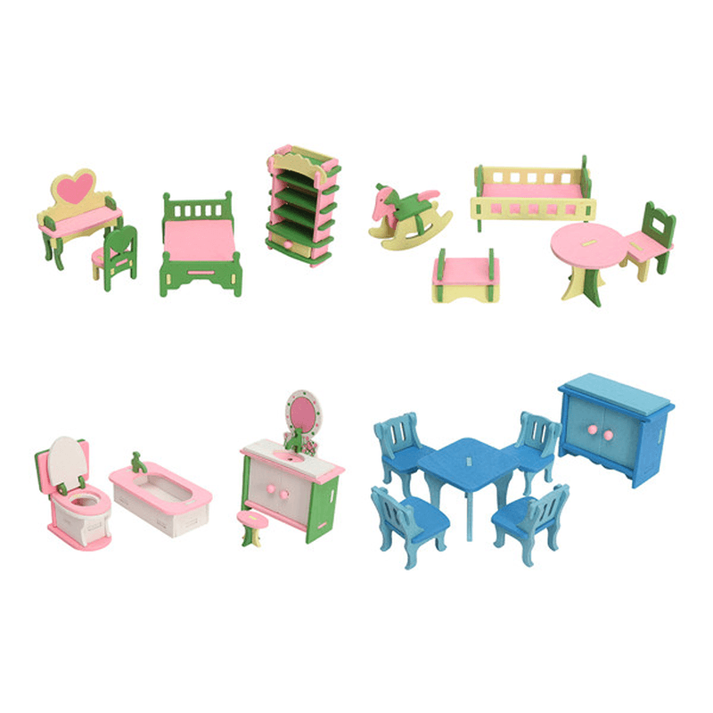 4 Sets of Delicate Wood Dollhouse Furniture Kits for Doll House Miniature - MRSLM