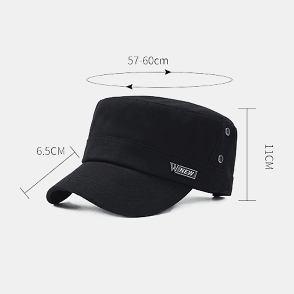 Men Metal Label Wide Brim Breathable Hole Design Army Cap Cadet Hat Casual All-Match Spring Summer Sunshade Military Cap Flat Top Cap - MRSLM