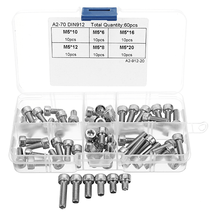 Suleve™ M5SH1 60Pcs M5 Stainless Steel 6-20Mm Hex Socket Cap Head Screw Allen Bolt Assortment Kit - MRSLM