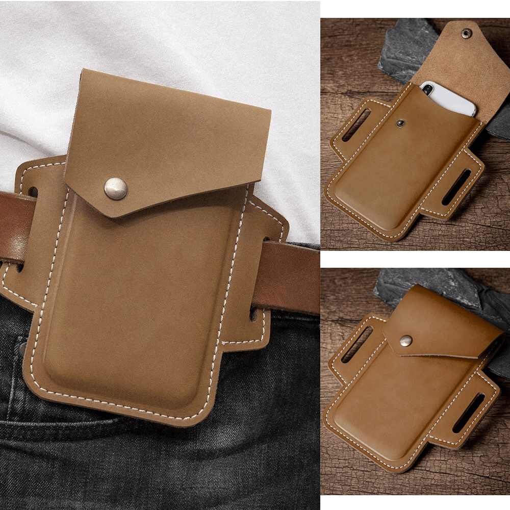 Men Genuine Leather Vintage 6.3 Inch Phone Bag Waist Bag Belt Bag - MRSLM