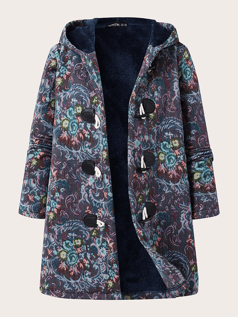 Women Plush Floral Pattern Horn Button Hooded Side Pockets Long Sleeve Vintage Coats - MRSLM