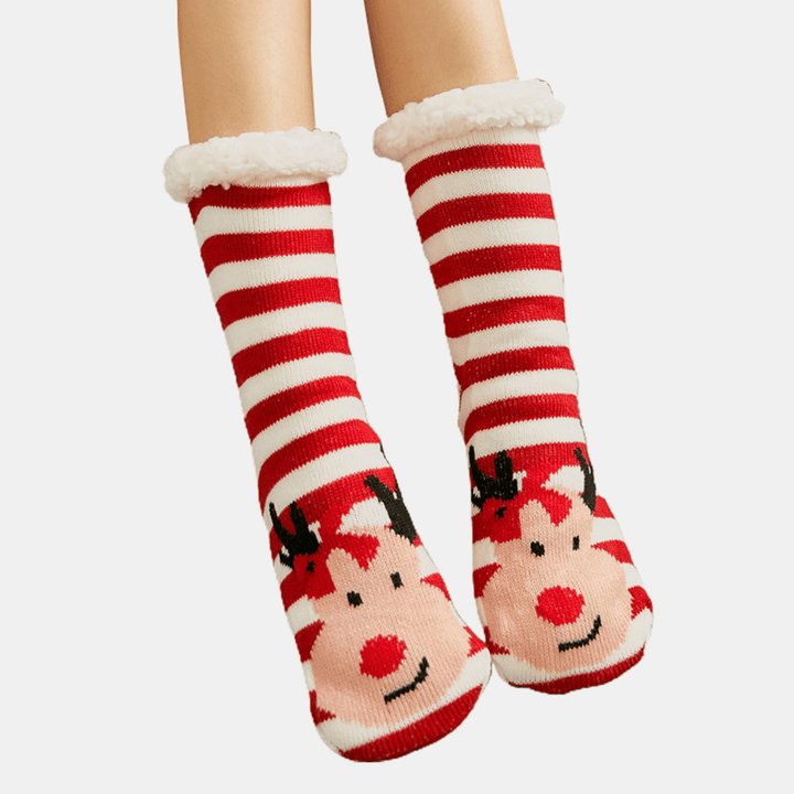 Women Warm Winter Outdoor Christmas Style Stripe Elk Pattern plus Velvet Thicken Home Sleep Socks Tube Socks - MRSLM