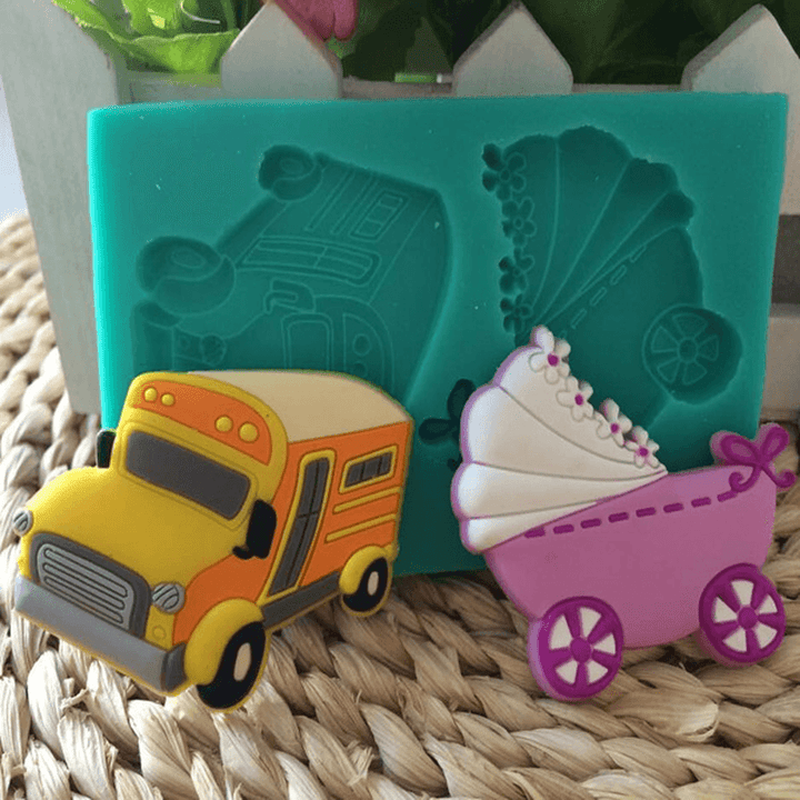 Baby Carriage Trolley Car School Bus Vehicle Silicone Wedding Cake Mold Decorating Mould - MRSLM