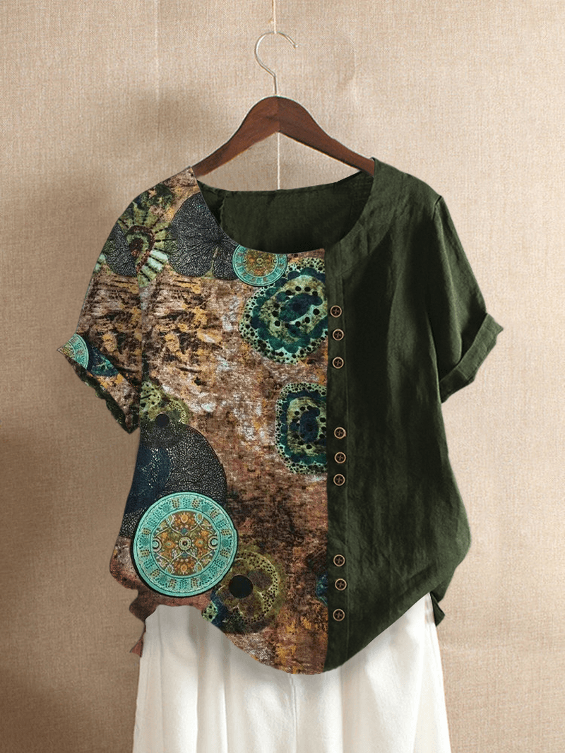 Vintage Print Patchwork Button Front round Neck Short Sleeve T-Shirts for Women - MRSLM