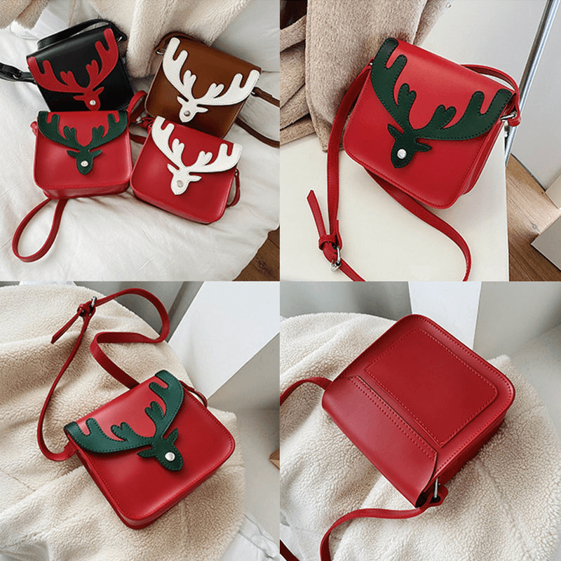 Women Faux Leather Contrast Color Christmas Elk Pattern Small Square Bag Crossbody Bag Shoulder Bag - MRSLM