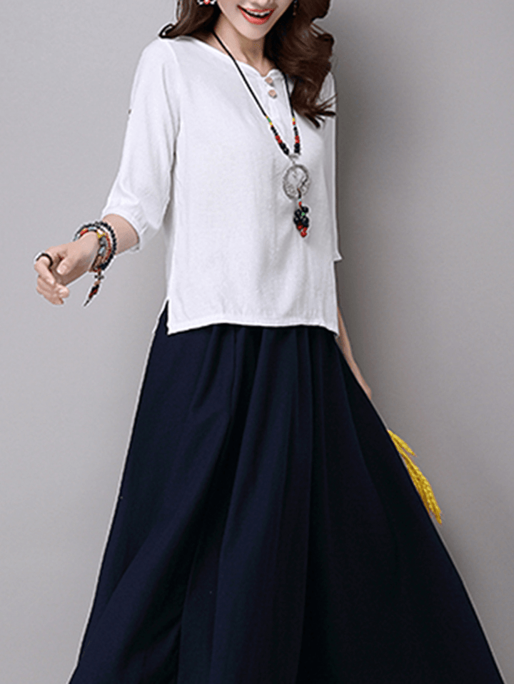 Vintage Women Button Loose Split Hem T-Shirts - MRSLM