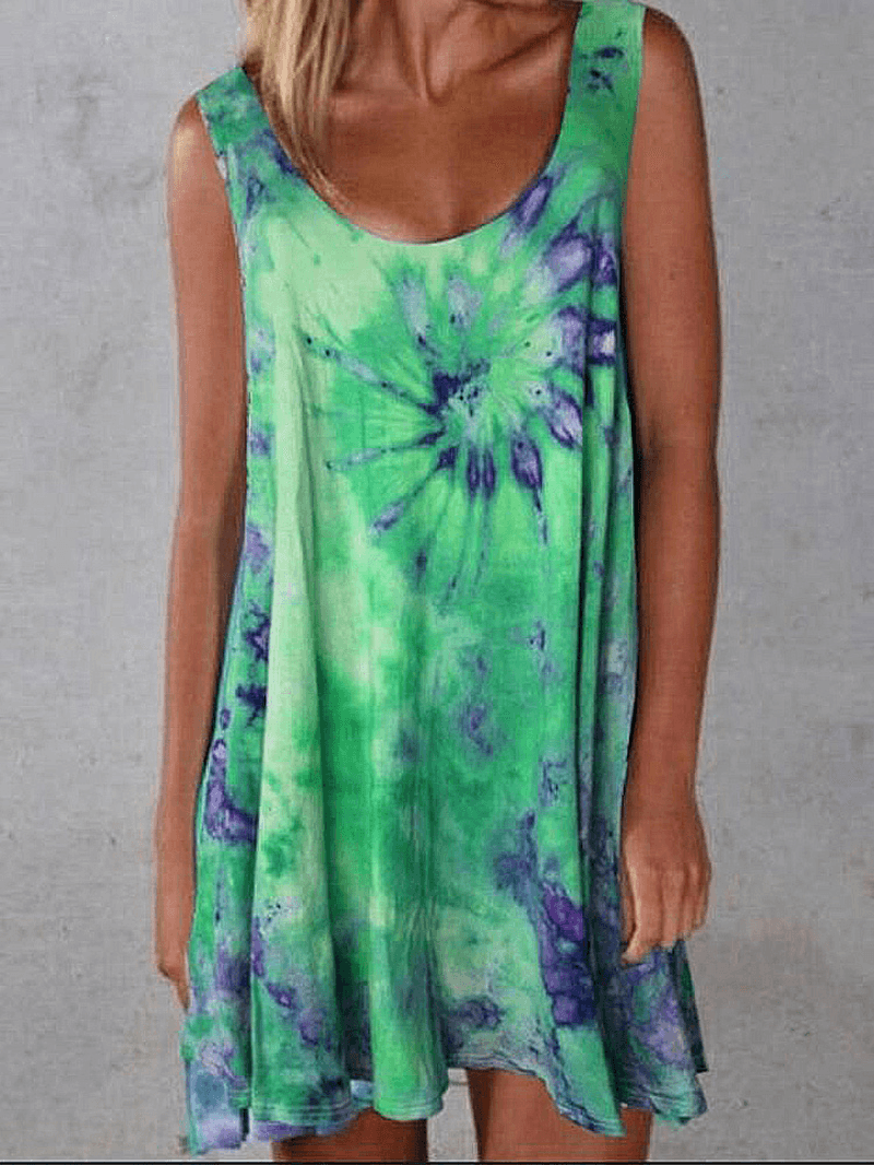 Women Tie-Dye Print Crew Neck Summer Sleeveless Loose Dress - MRSLM