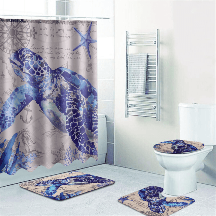 Bathroom Shower Curtain Sea Turtle Pedestal Rug Lid Toilet Cover Bath Mat Decor - MRSLM