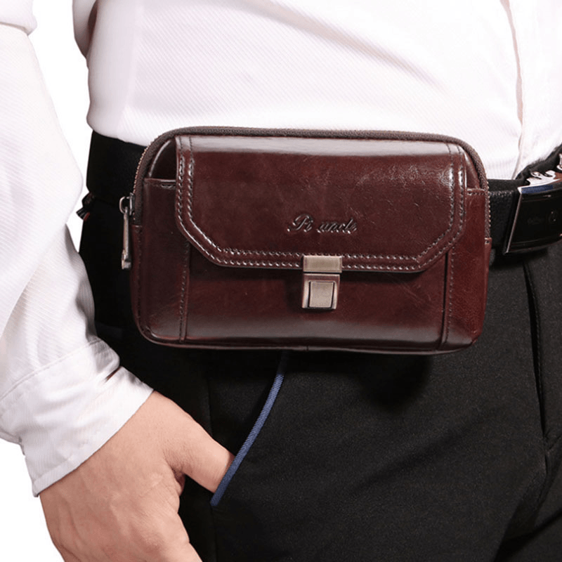 Men Mini Genuine Leather 6.5 Inch Phone Holder Waist Pack Belt Bag Crossbody Bag - MRSLM