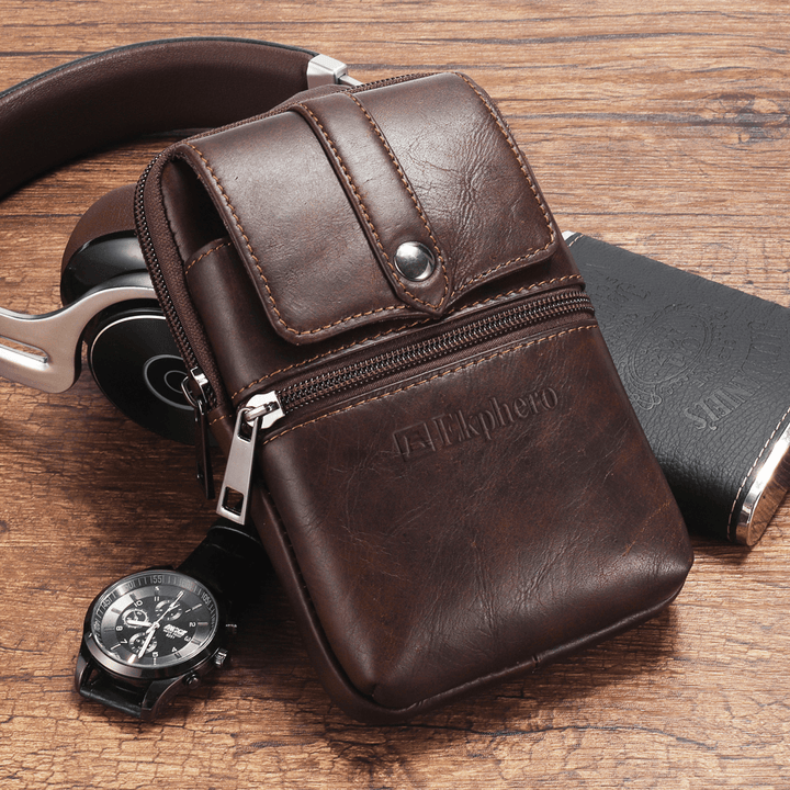 Ekphero Men Cowhide Phone Bag Waist Bag Vintage Belt Bag - MRSLM