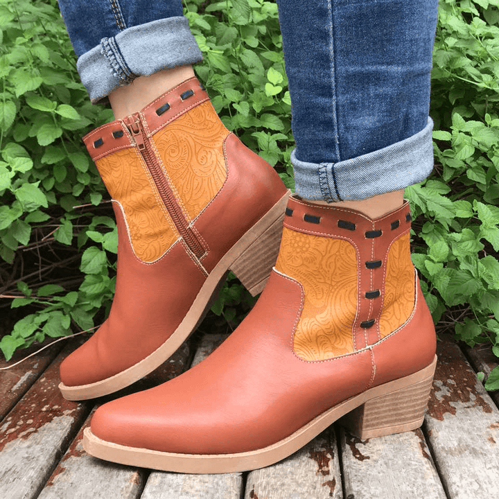 LOSTISY Women Splicing Chunky Heel Casual Ankle Boots - MRSLM