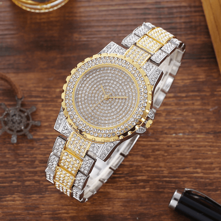 2Pcs Fashion Luxury Full Diamond Steel Band Quartz Watch Punk Rhinestone Bracelet Set - MRSLM