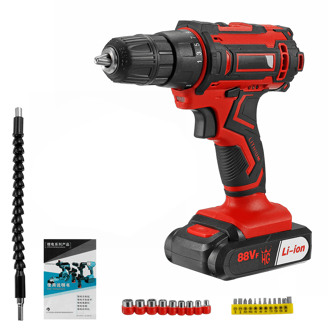 88VF Cordless Electric Drill Driver 25+1 Gears Rechargeable Screwdriver W/ 1/2Pcs Battery & LED Working Light - MRSLM