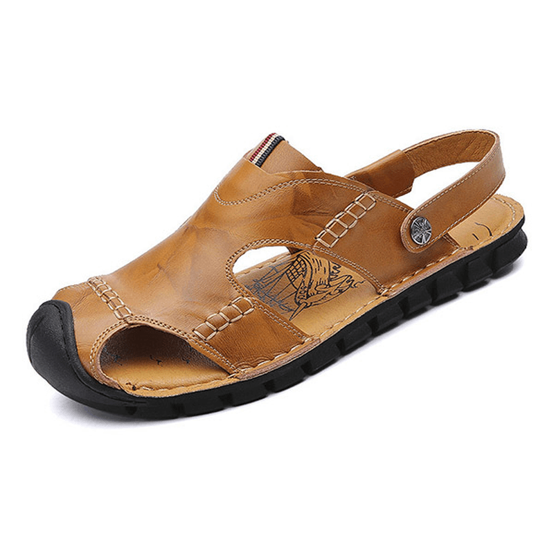 Men Casual Soft anti Collision Toe Genuine Leather Sandals - MRSLM