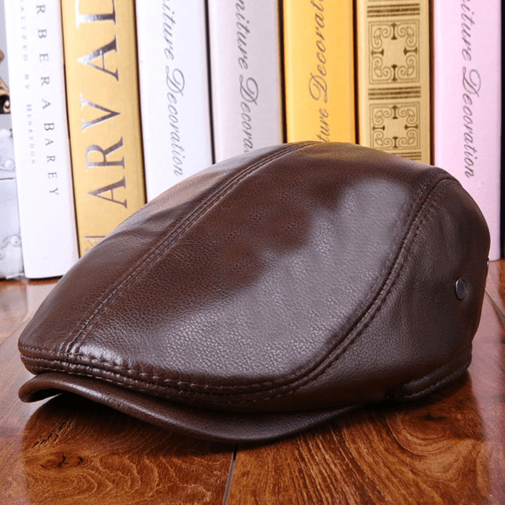 Men Vintage Genuine Leather Beret Caps Outdoor Caps Adjustable - MRSLM