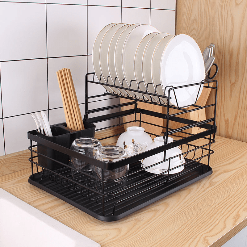 Kitchen Dish Rack Double Layer Drain Tray Hanging Tableware Home Storage Racks - MRSLM