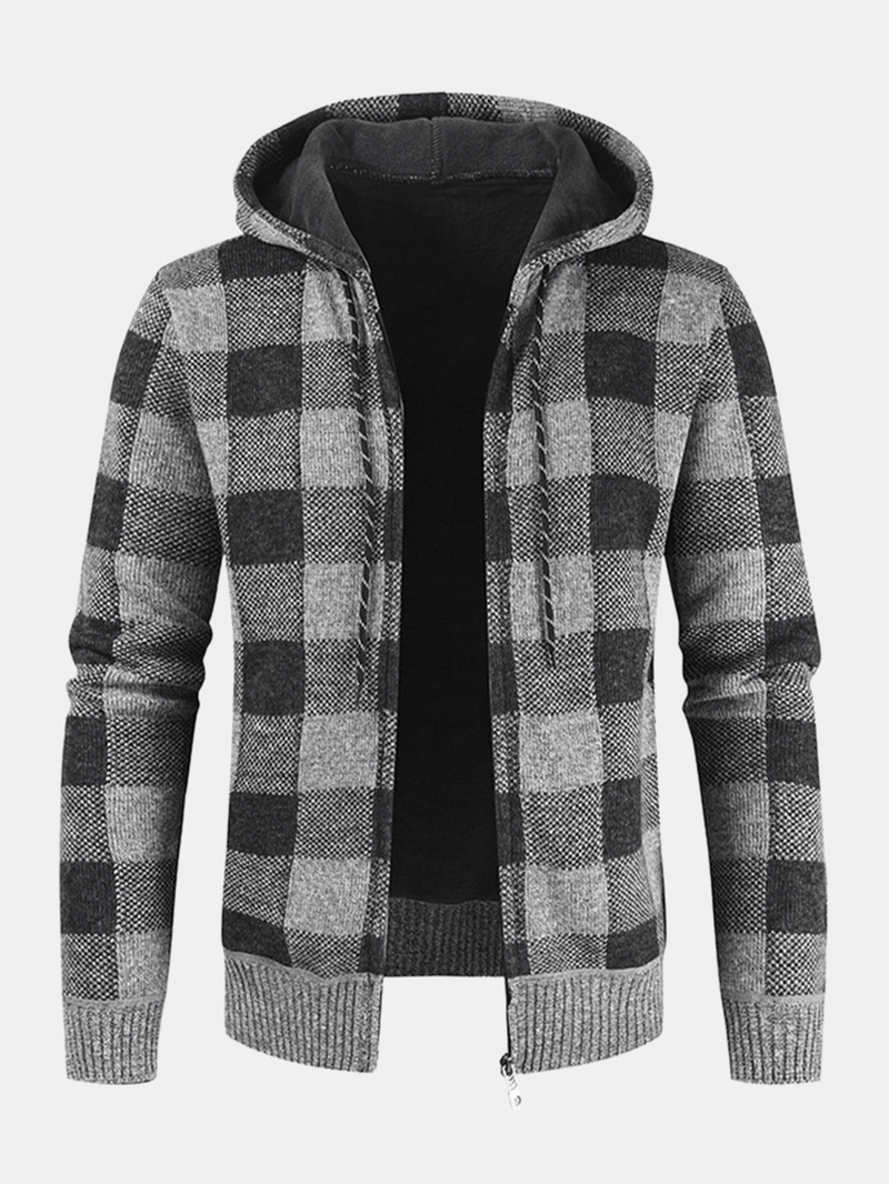 Mens Vintage Plaid Warm Zipper Warm Hooded Sweater Jacket - MRSLM