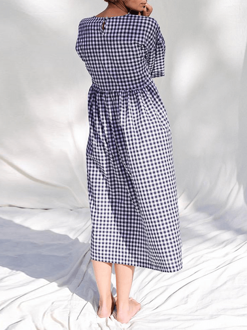 Women Plaid Print Pleated round Neck Casual Half Sleeve Midi Dresses - MRSLM