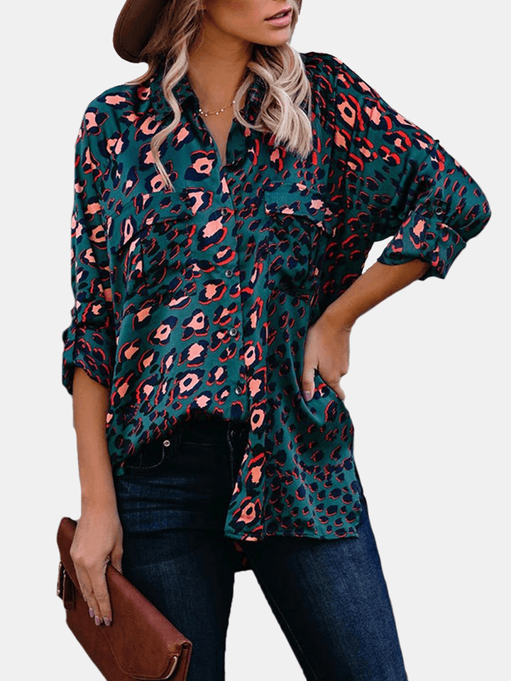 Women Vintage Leopard Print Pockets Turn Dowm Collar Long Sleeve Shirts - MRSLM