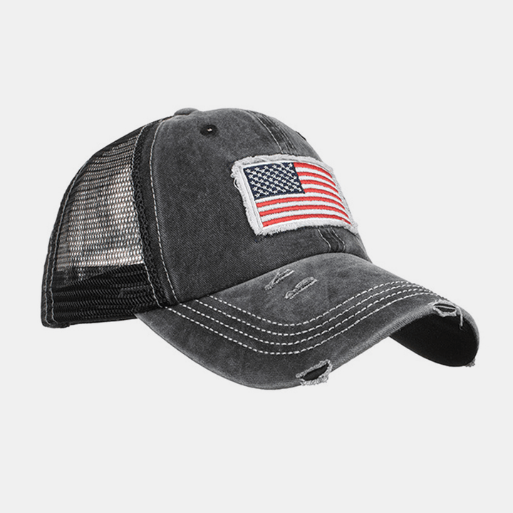 Unisex Washed American Flag Patch Ponytail Baseball Cap Mesh Breathable Casquette Summer Snapback Hat - MRSLM