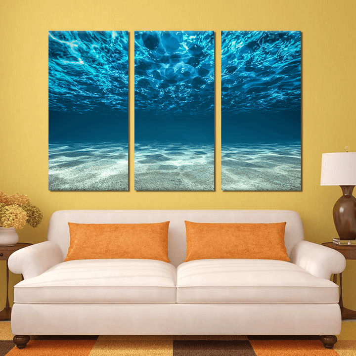 Miico Hand Painted Three Combination Decorative Paintings Light Blue Seawater Wall Art for Home Decoration - MRSLM