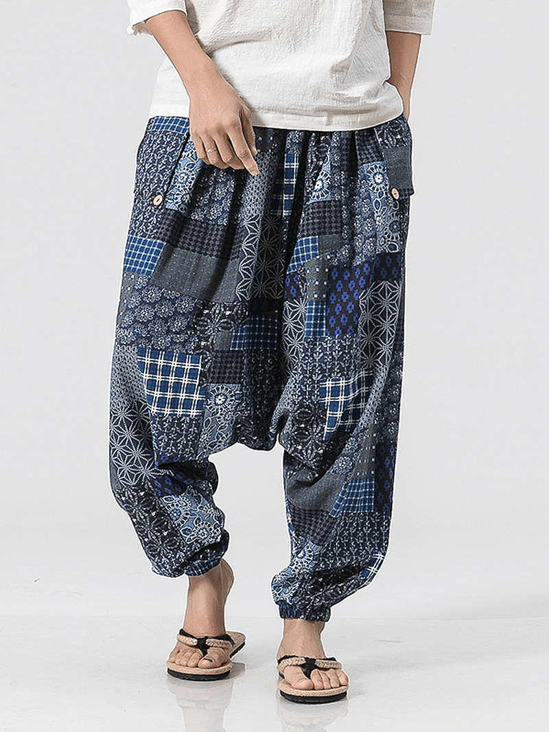 100% Cotton Ethnic Tribal Print Patchwork Elastic Waist Drop-Crotch Pants - MRSLM