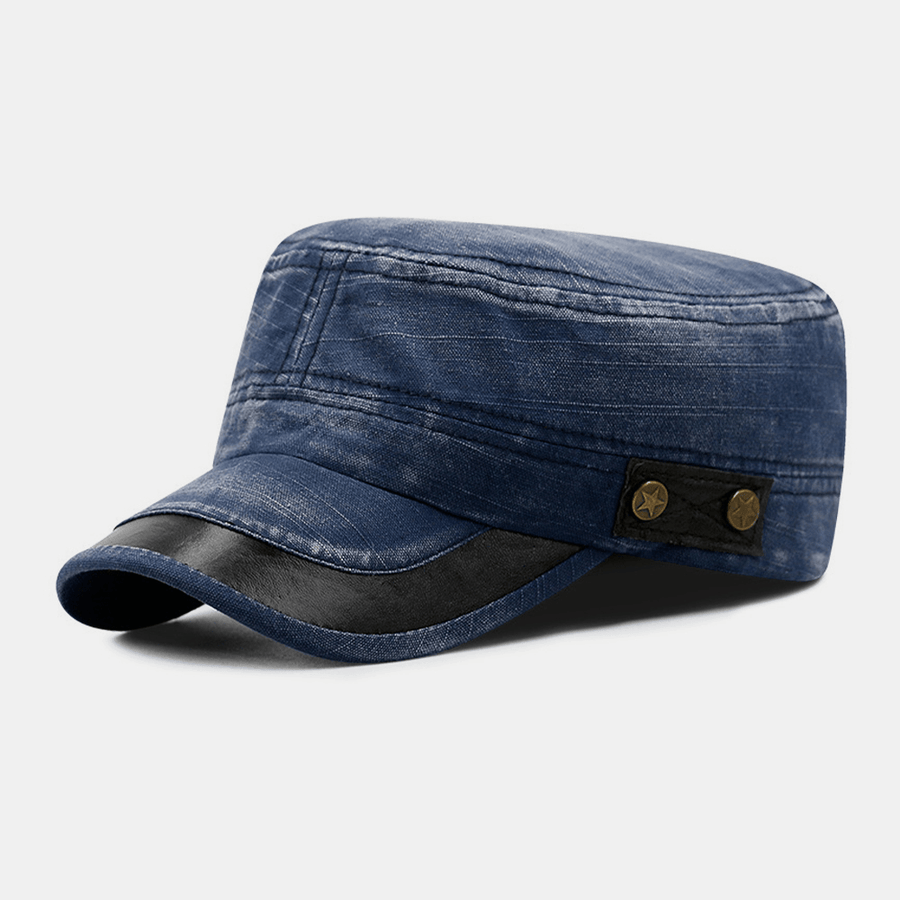 Men Made-Old Denim Stars Rivet Pattern Breathable Sunvisor Military Hat Flat Hat Peaked Cap - MRSLM