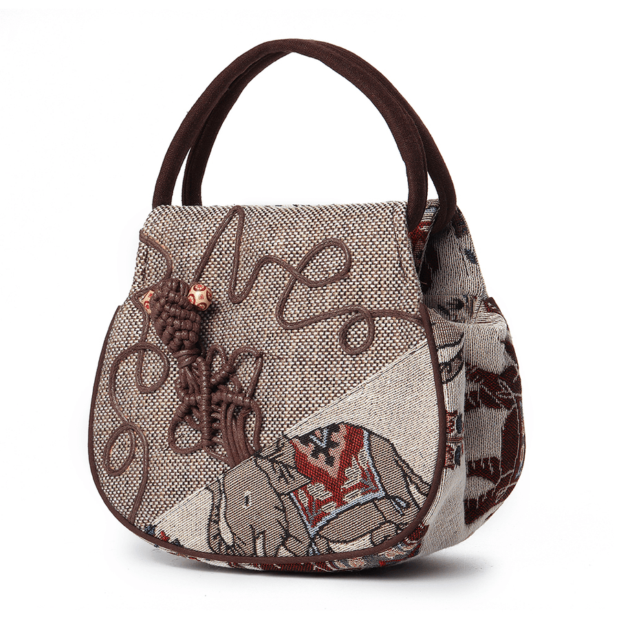 Women Ethnic Linen Elephant Pattern Double Zipper Handbag - MRSLM