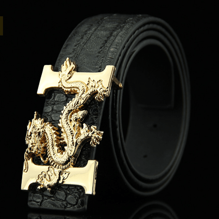 Men Faux Leather 135Cm Fashion Personality Alligator Pattern Gold Dragon Decor Belt - MRSLM