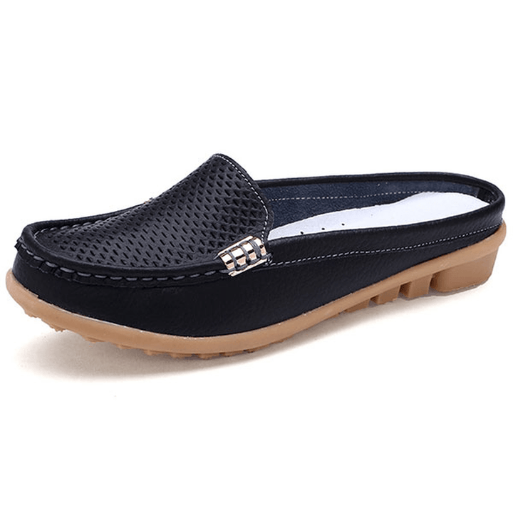 US Size 5-10 New Women Casual Fashion Breathable round Toe Slip-On Leather Flat Sandals Shoes - MRSLM