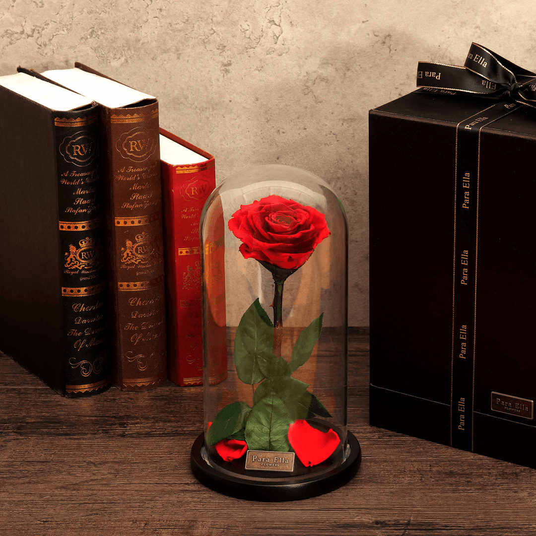 Para Ella Preserved Fresh Rose Flower with Fallen Petals in Glass Dome on a Wooden Base as Gift for Valentine'S Day, Anniversary, Birthday , Wedding - MRSLM