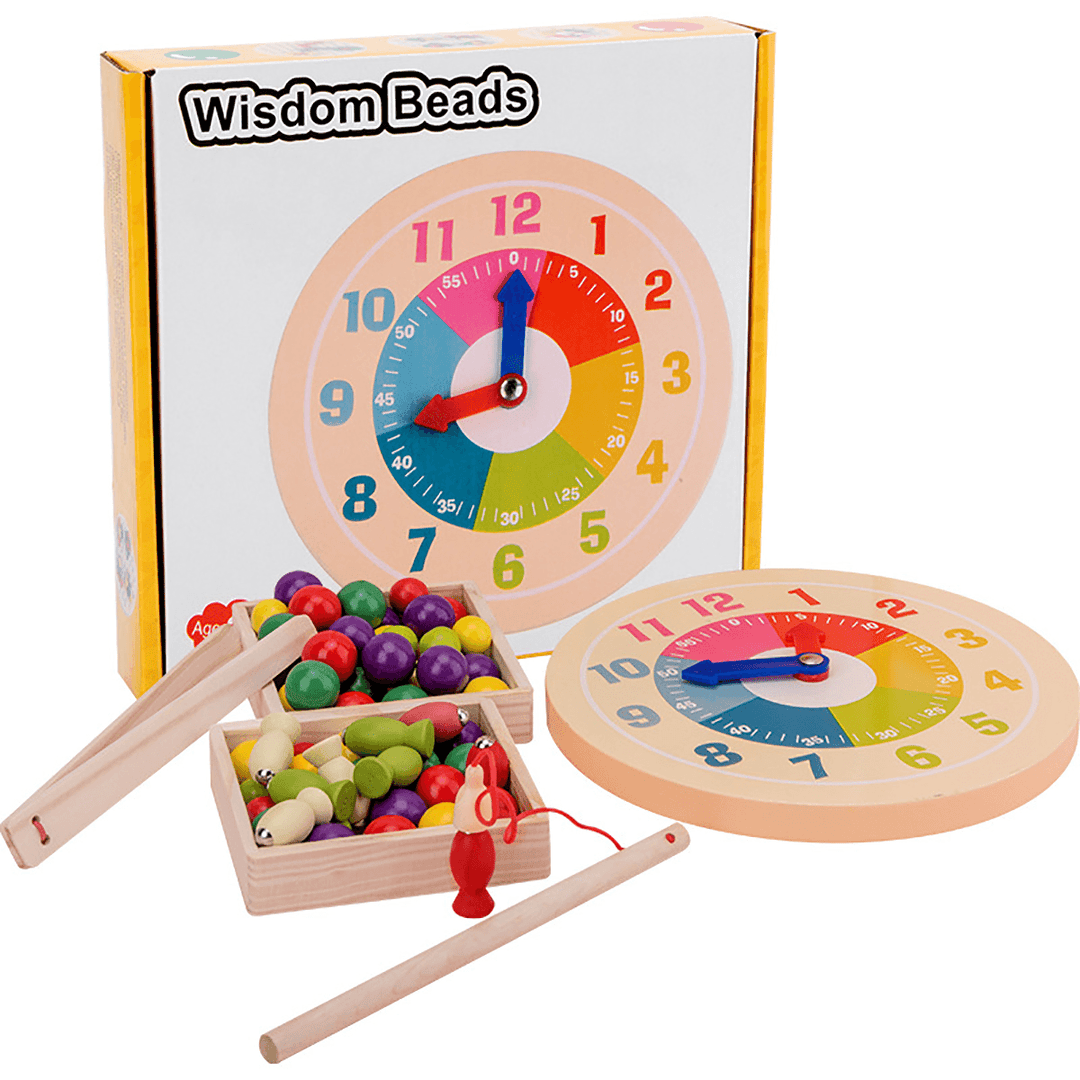 3 in 1 Wooden Kids Educational Toys Matching Pairs Clip Beads Fishing Clock Gift - MRSLM