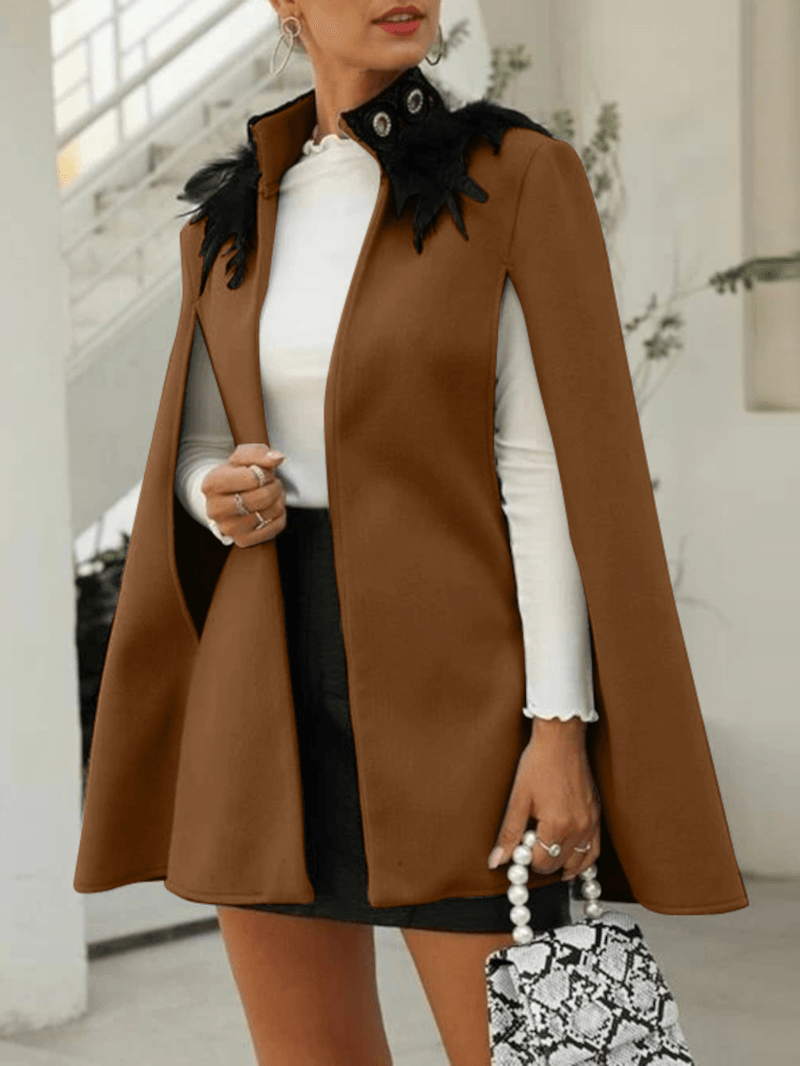 Women Feather Tweed Contrast Color Sleeveless Knee Length Cape Coats - MRSLM