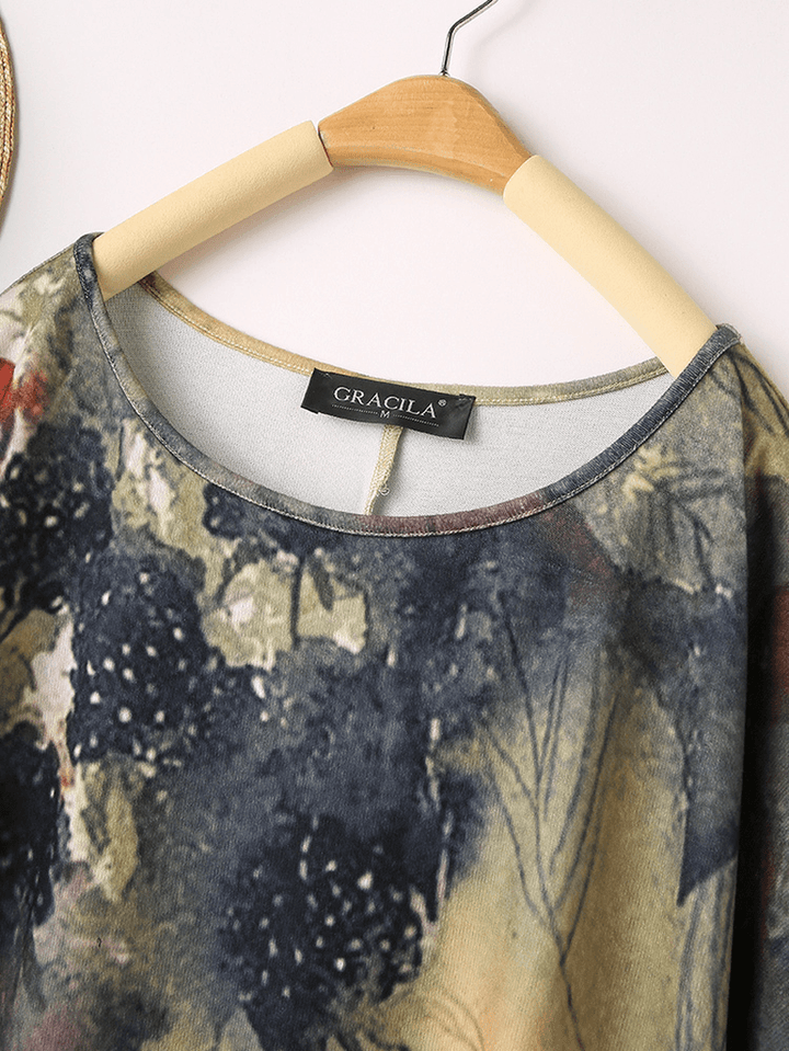 Women Vintage Painting Print O-Neck Casual Loose Long Sleeve Blouse - MRSLM