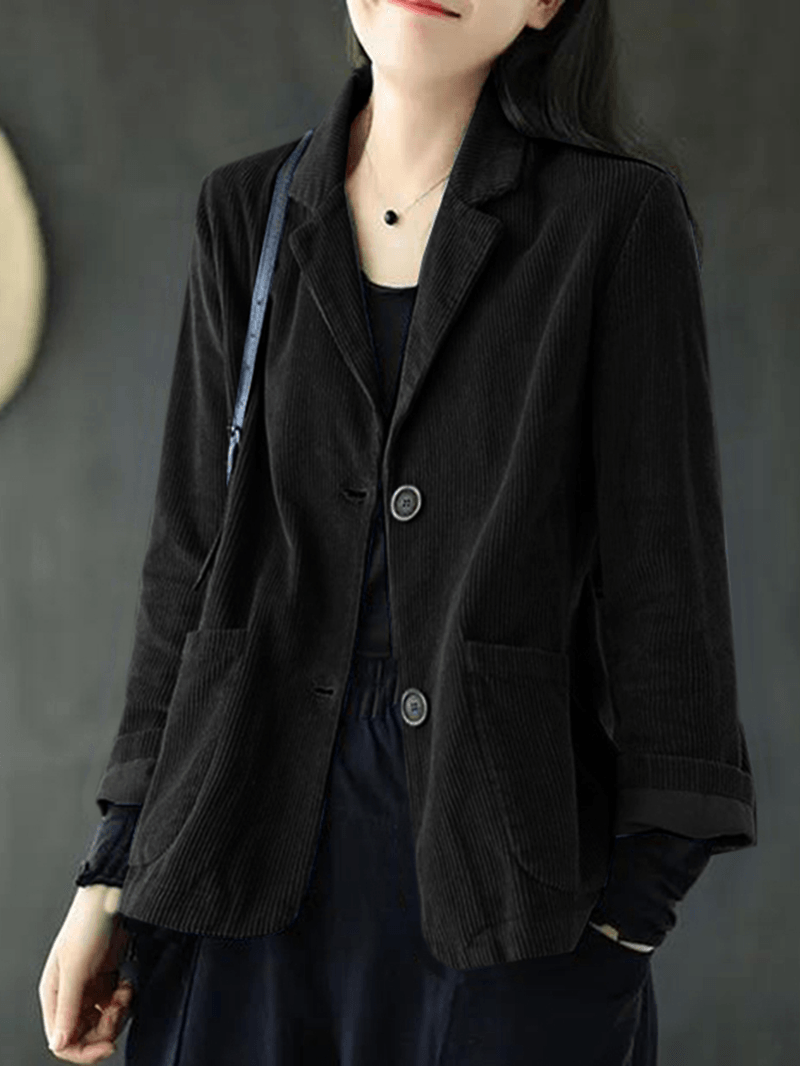 Women Corduroy Solid Korean Style Button down Front Pockets Coats - MRSLM