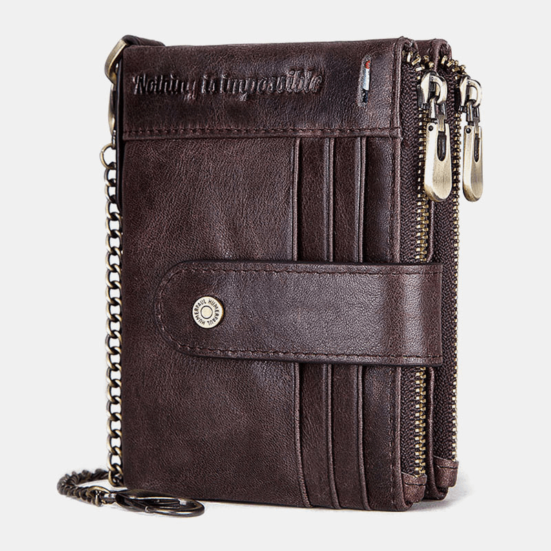 Men Genuine Leather Chain Wallet RFID Double Zipper Anti-Theft Multi-Card Slot Card Holder Wallet - MRSLM