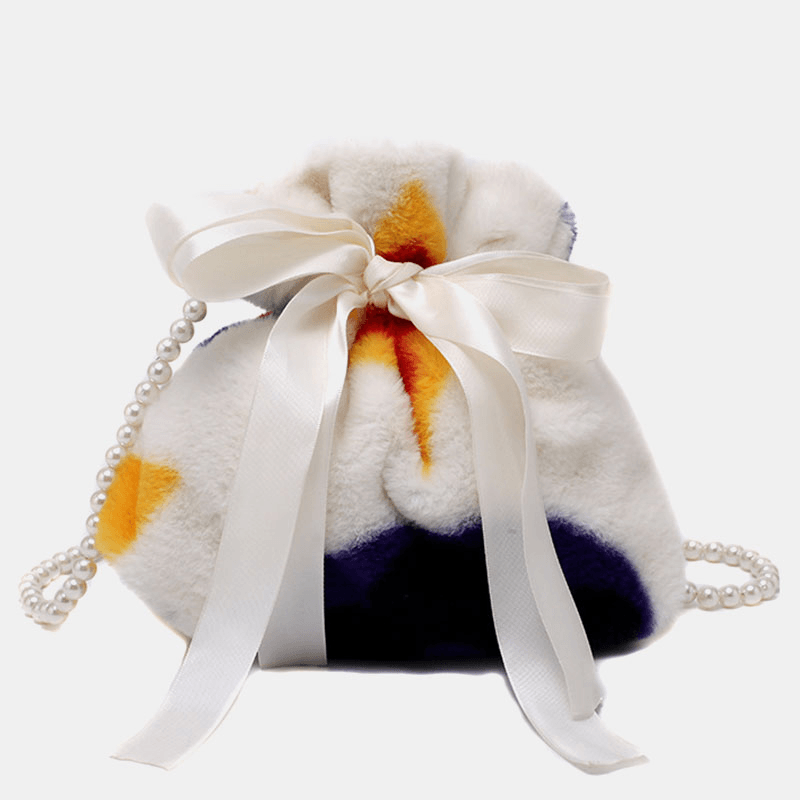 Women Plush Tie-Dye Patchwork Pearl Bowknot Chain Shoulder Bag Crossbody Bag - MRSLM