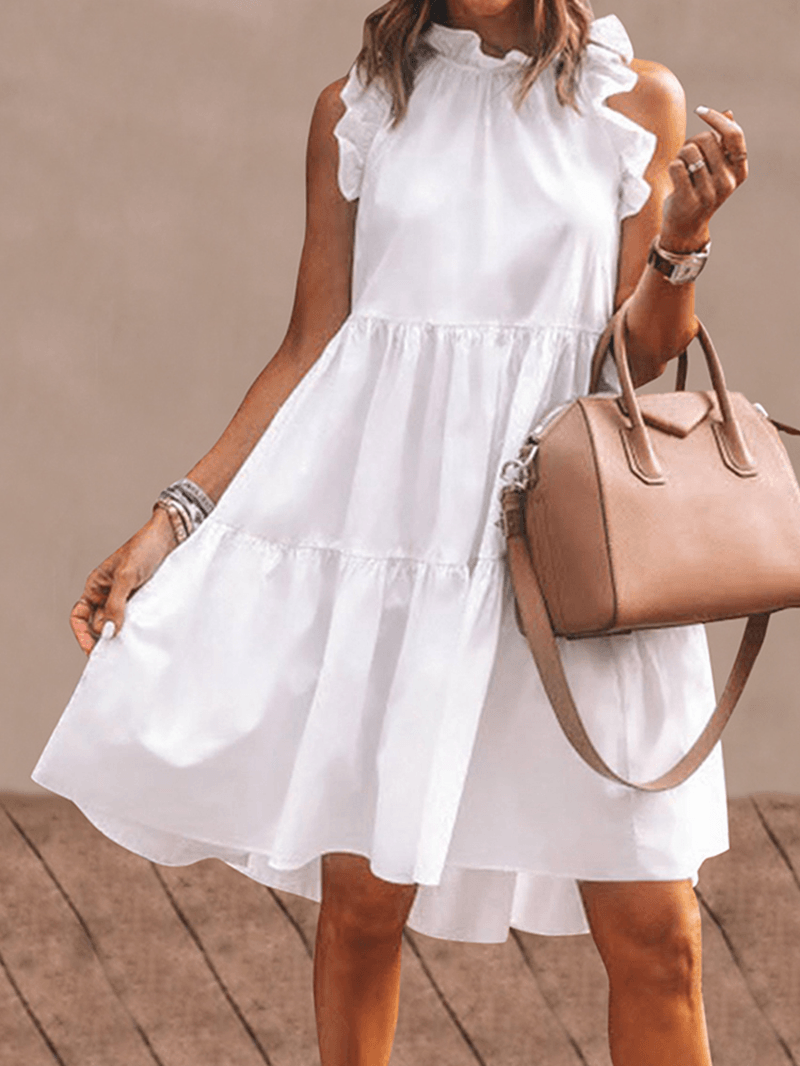 Women Solid Color Ruffles Trim Sleeveless Simple Midi Dresses - MRSLM