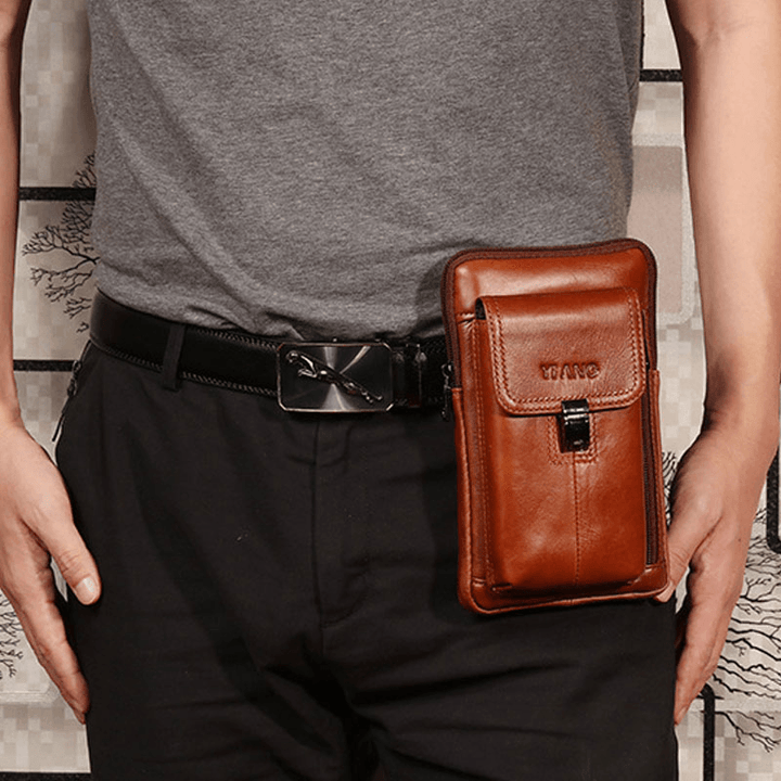 Men Genuine Leather 6.5 Inch Phone Bag Holder Belt Bag Waist Bag Crossbody Bag Shoulder Bag - MRSLM