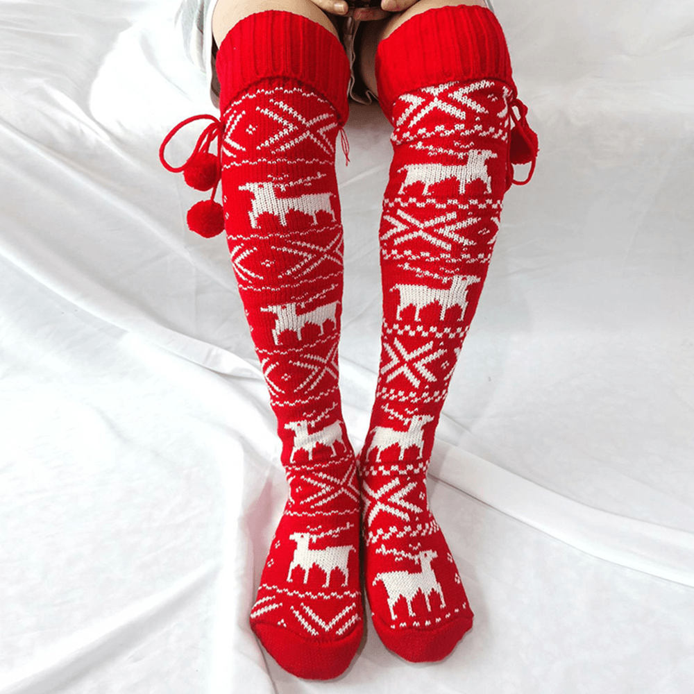 Women Cotton Christmas Festive Elk Pattern Warm Leggings over Knee Stockings with Fluff - MRSLM