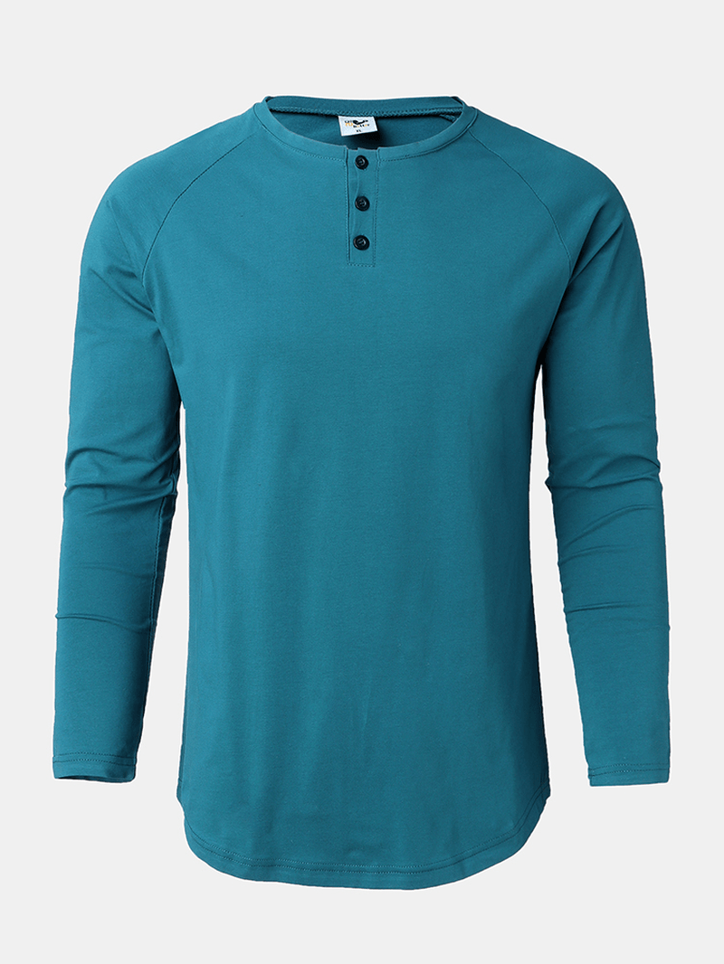 Mens Cotton Solid Color Button round Neck Long Sleeve Basic T-Shirt - MRSLM