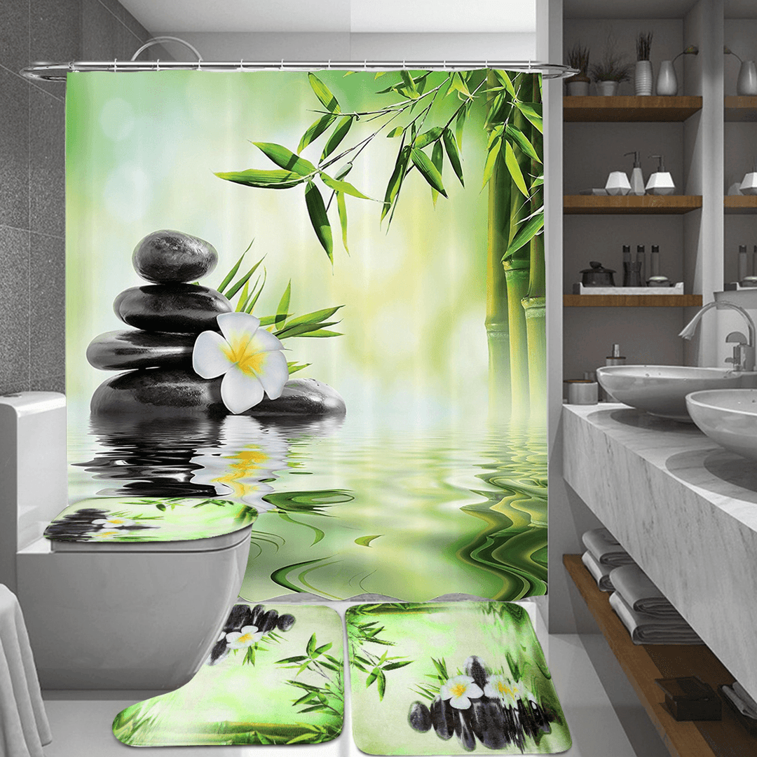 Bamboo Printing Waterproof Bathroom Shower Curtain Toilet Cover Mat Non-Slip Carpet - MRSLM