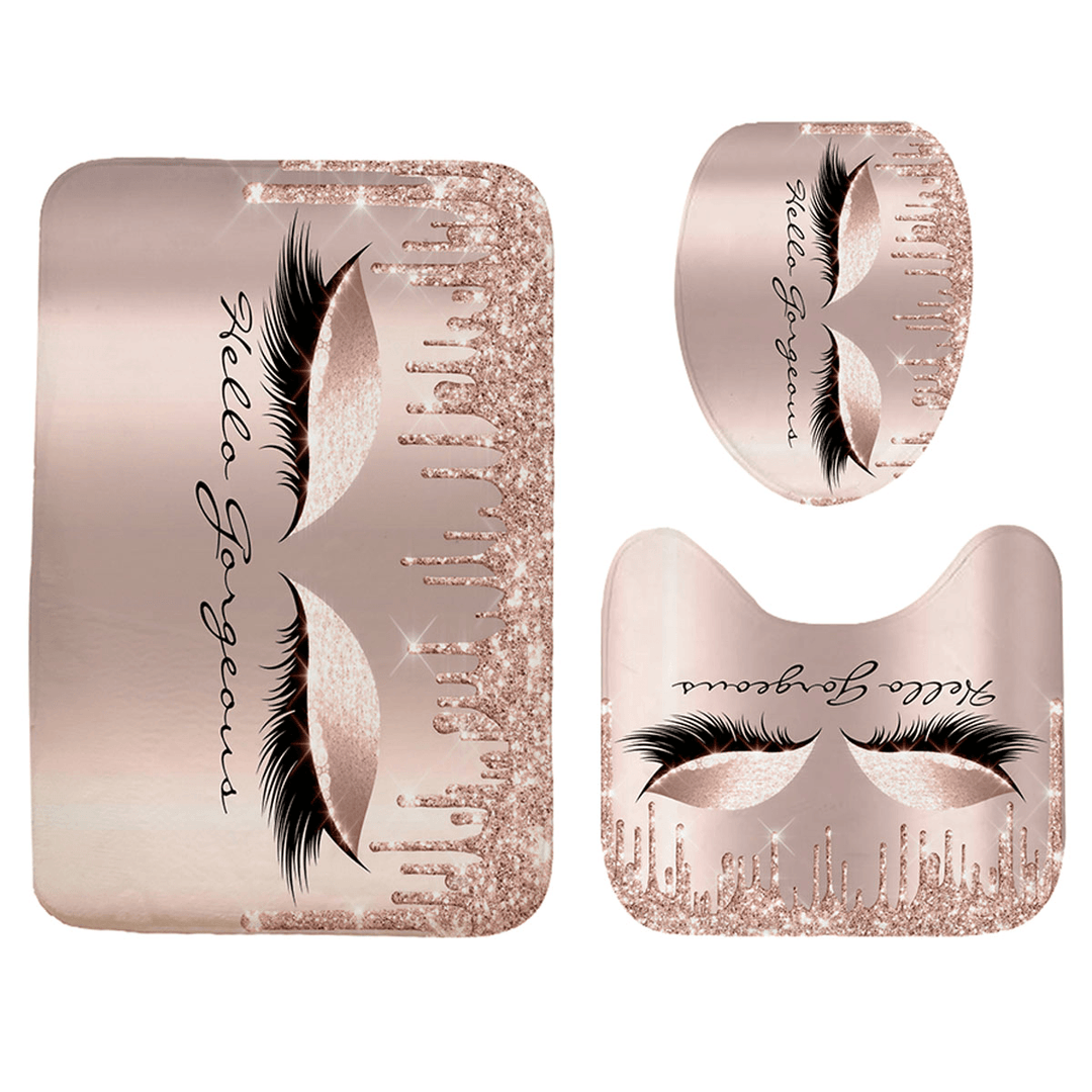 Girly Rose Gold Eyelash Makeuo Shower Curtain Bath Curtain Set Spark Rose Drip Bathroom Curtain Eye Lash Beauty Salon Mat Set - MRSLM